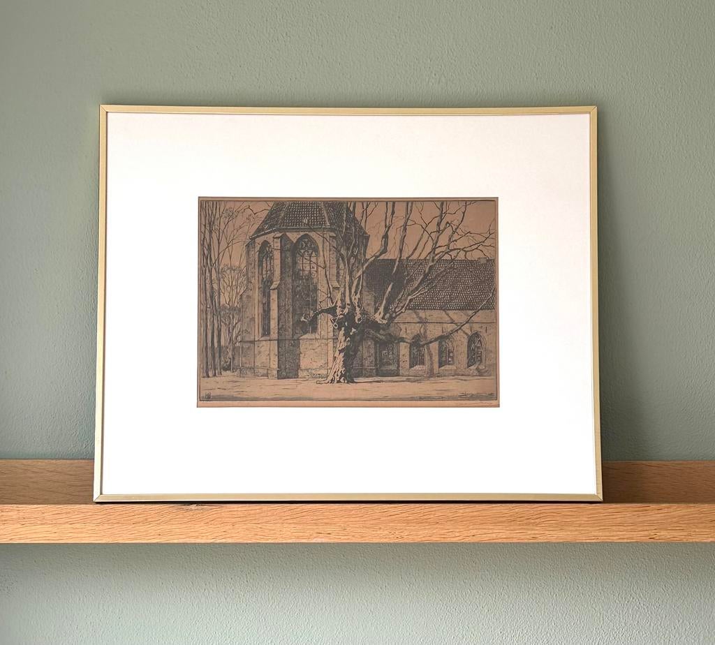 Hemkes ets Klooster Ter Apel gesigneerd 148/150 ingelijst, Antiek en Kunst, Ets, Ophalen of Verzenden, 1900 - 1949, Stadsgezicht