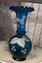 Brocante blauw glazen vaasje, Ophalen, Gebruikt, Blauw, Glas