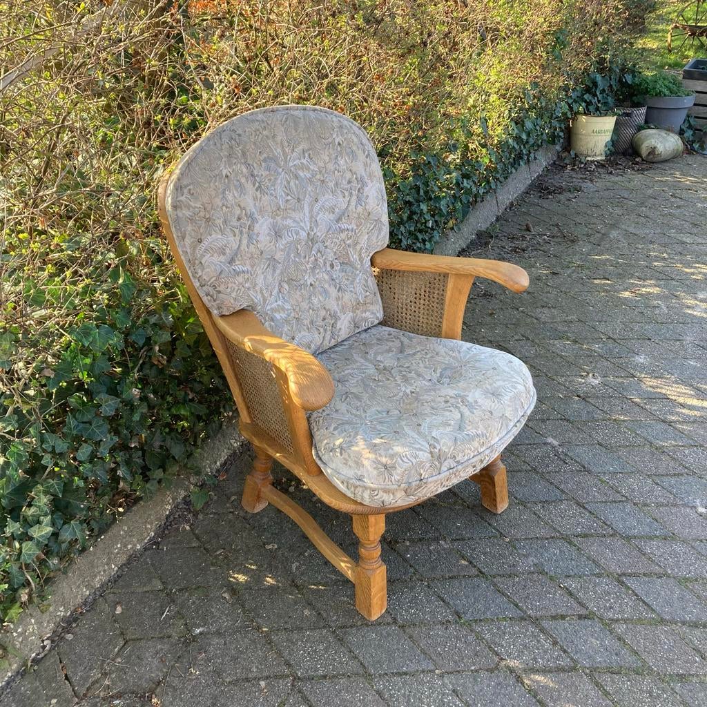 Vintage Blank eiken fauteuil met nog prachtige bekleding, Antiek en Kunst, Ophalen