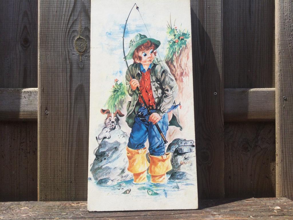 Vintage prent vissend jongetje met hond, Ophalen of Verzenden, Huis en Inrichting