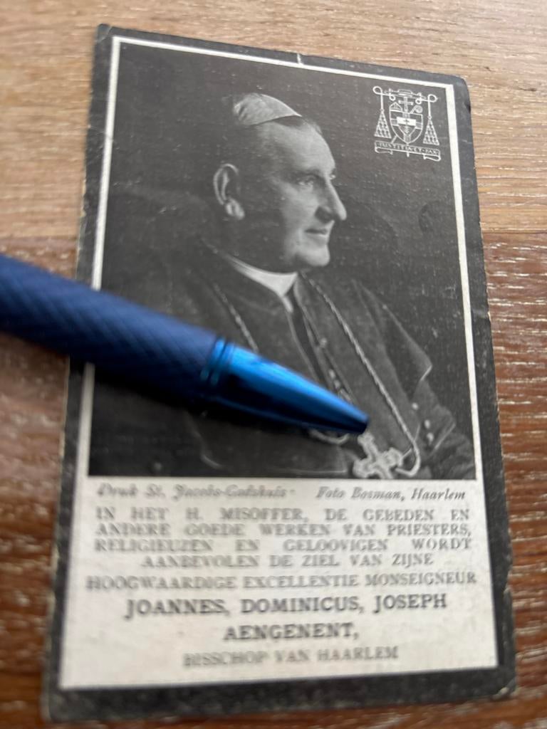 Aengenent Joannes Rotterdam 1935 Haarlem Overveen bisschop, Verzamelen, Bidprentjes en Rouwkaarten, Ophalen of Verzenden, Bidprentje
