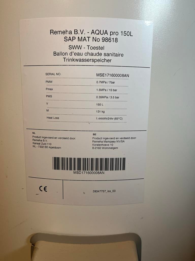 Remeha Aqua Pro 150 liter boiler - Warm water comfort, Doe-het-zelf en Verbouw, Ophalen, Gebruikt, Overige typen, 80 cm of meer
