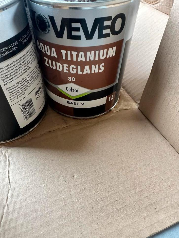6 Blikken Veveo Aqua Titanium Zijdeglans Verf, Doe-het-zelf en Verbouw, Verf, Beits en Lak, Zo goed als nieuw, Verf, Minder dan 5 liter