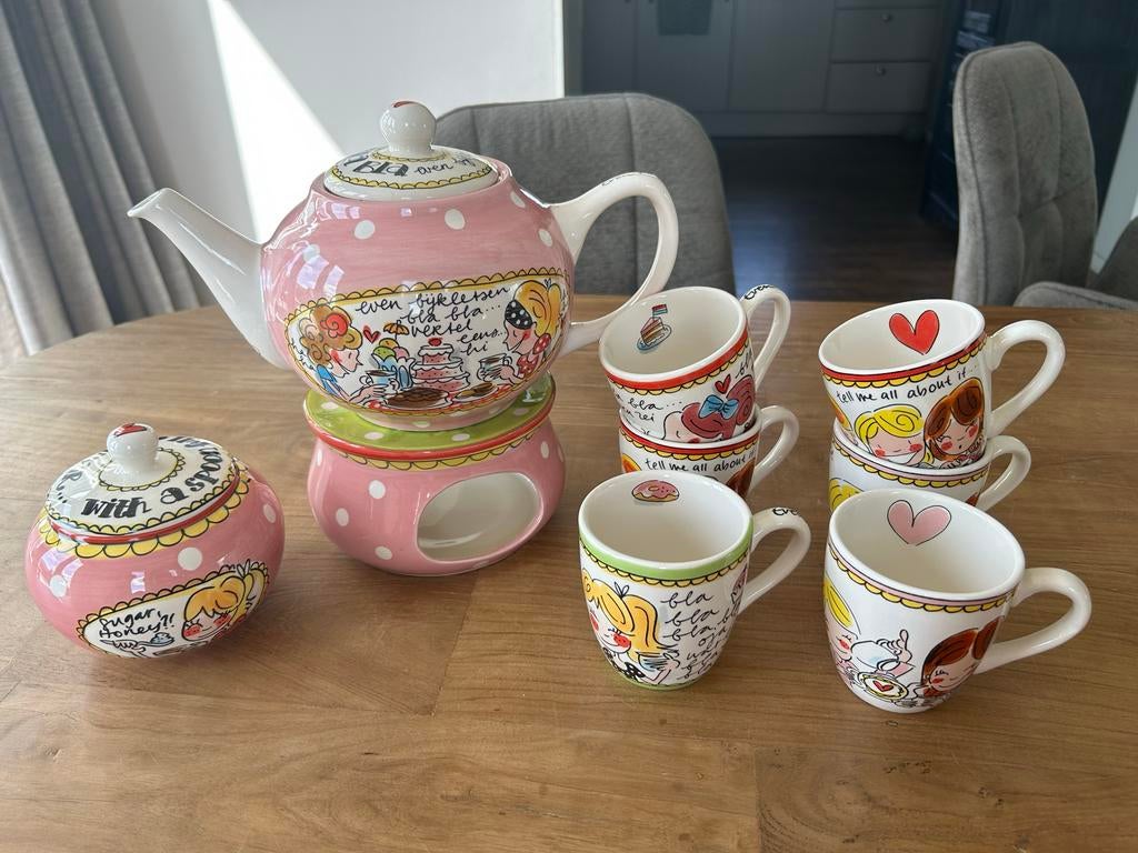 Blond Amsterdam theepot met theelicht en 6 kopjes, Huis en Inrichting, Keuken | Servies, Zo goed als nieuw, Kop(pen) en/of Schotel(s)
