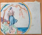 A493-69 Oude tekening Vrouw met kruik potlood en waterverf, Ophalen of Verzenden