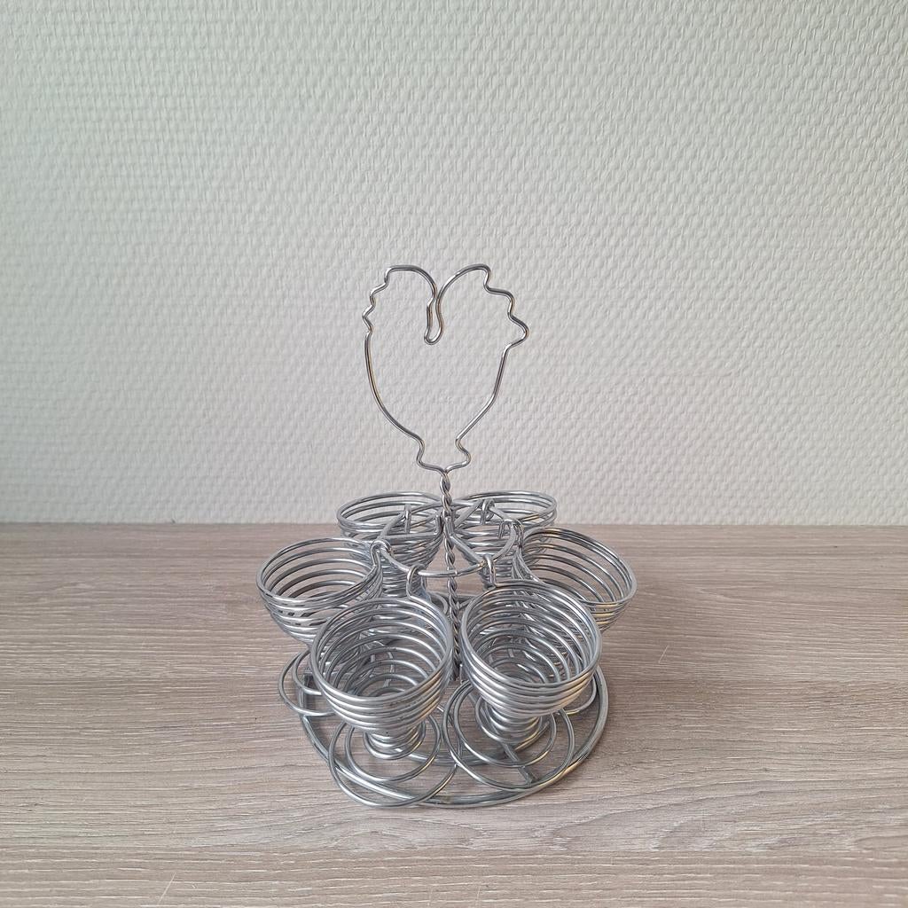Vintage metalen zilver spiraal design eierdopjes met houder, Ophalen of Verzenden
