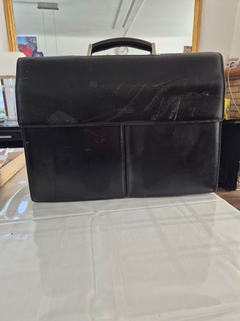 Zwarte Leren Aktetas / Laptoptas Boss, Overige merken, Gebruikt, Zwart, Ophalen of Verzenden