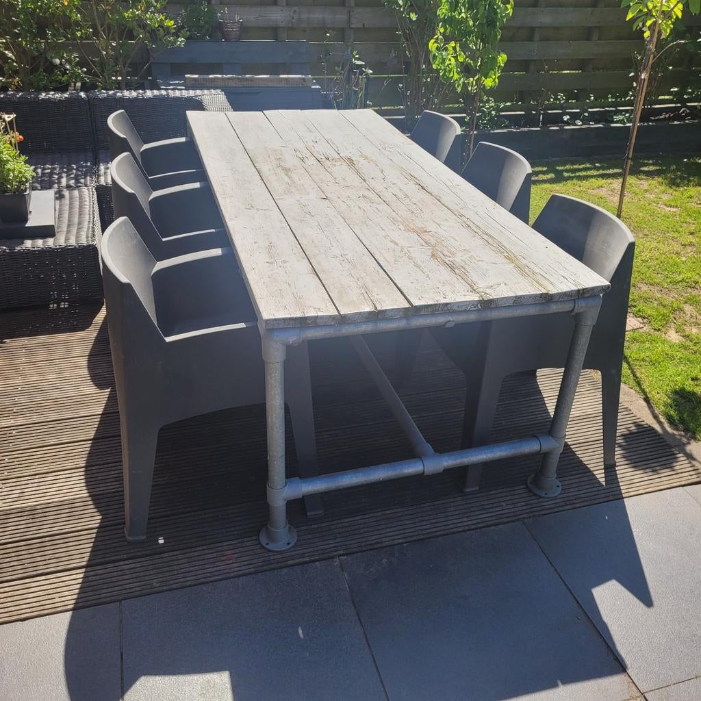 Steigerhouten tafel met steigerbuis onderstel en 6 stoelen, Ophalen, Gebruikt, Rechthoekig, Hout