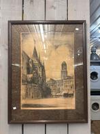 Antieke ets van een stadsgezicht, gesigneerd, Ophalen