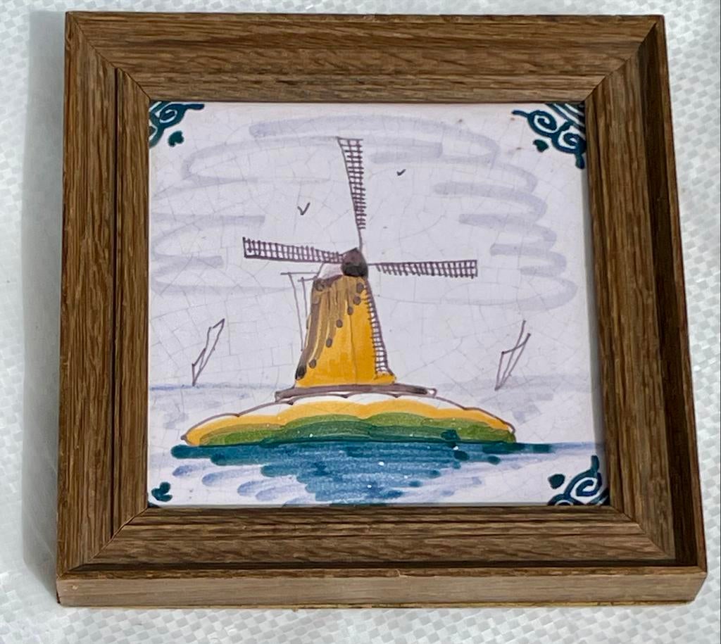 Ingelijste Delfts blauwe tegel met molen, Antiek en Kunst, Antiek | Wandborden en Tegels, Ophalen of Verzenden