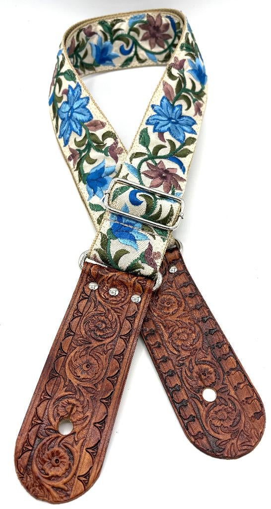 Gitaarband leer Stof034 beige blauw barok classic bohemian, Verzenden, Nieuw, Akoestische gitaar