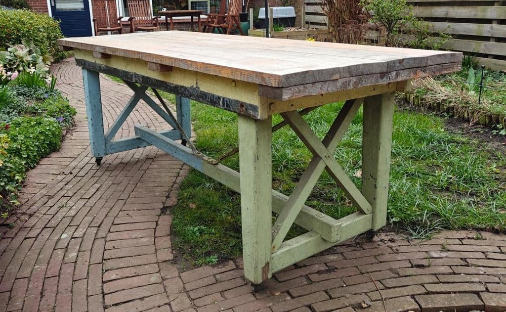 Leuke stevige houten tuintafel groen/blauw brocante, Ophalen, Gebruikt, Rechthoekig, Hout
