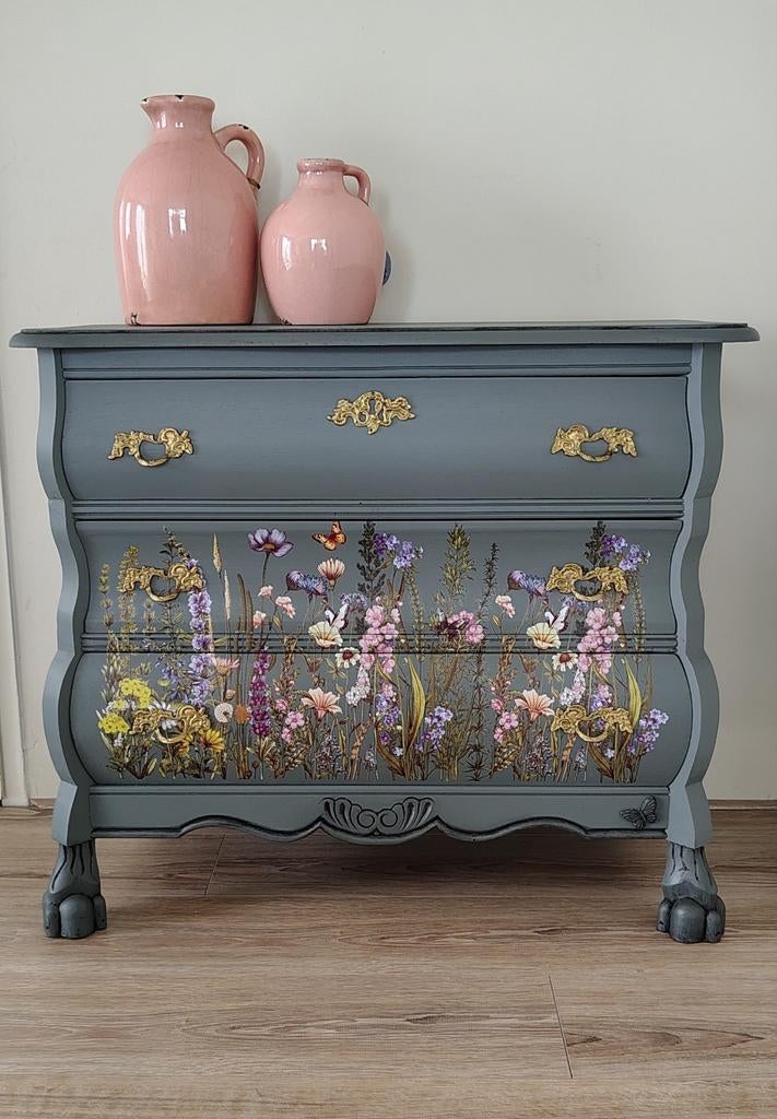 Uniek groen antiek eiken buikkastje met bloemenprint, Huis en Inrichting, Kasten | Ladekasten, Ophalen, Brocante, vintage, antiek, dressoir, commode, kastje, kast