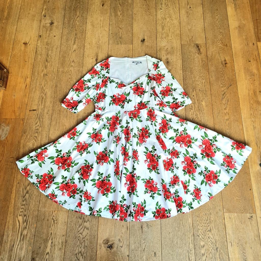 Witte midi-jurk in rockabilly pin-upstijl en rode rozen, Kleding | Dames, Jurken, Wit, Maat 46/48 (XL) of groter, Ophalen of Verzenden