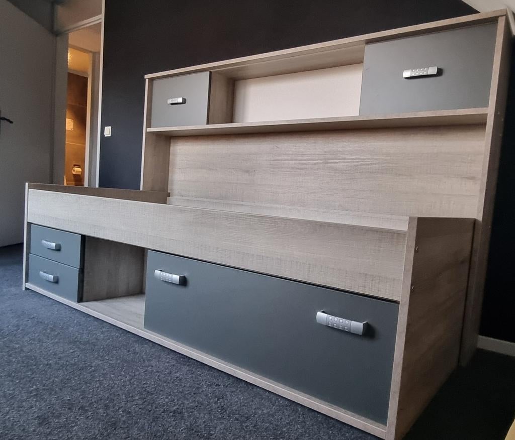 Bed en ombouw, Ophalen, 90 cm, Eenpersoons, Wit
