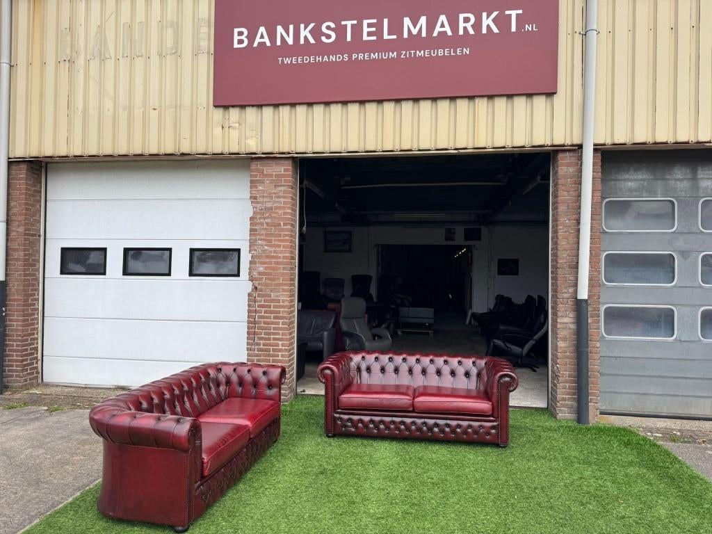 Bankstel CHESTERFIELD 2,5+2,5 zit banken bordeaux rood leer, Ophalen, Geen, Design, 75 tot 100 cm