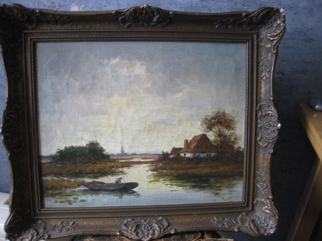 Olieverf schilderij op canvas met antieke lijst W. van Dort, Antiek en Kunst, Ophalen of Verzenden