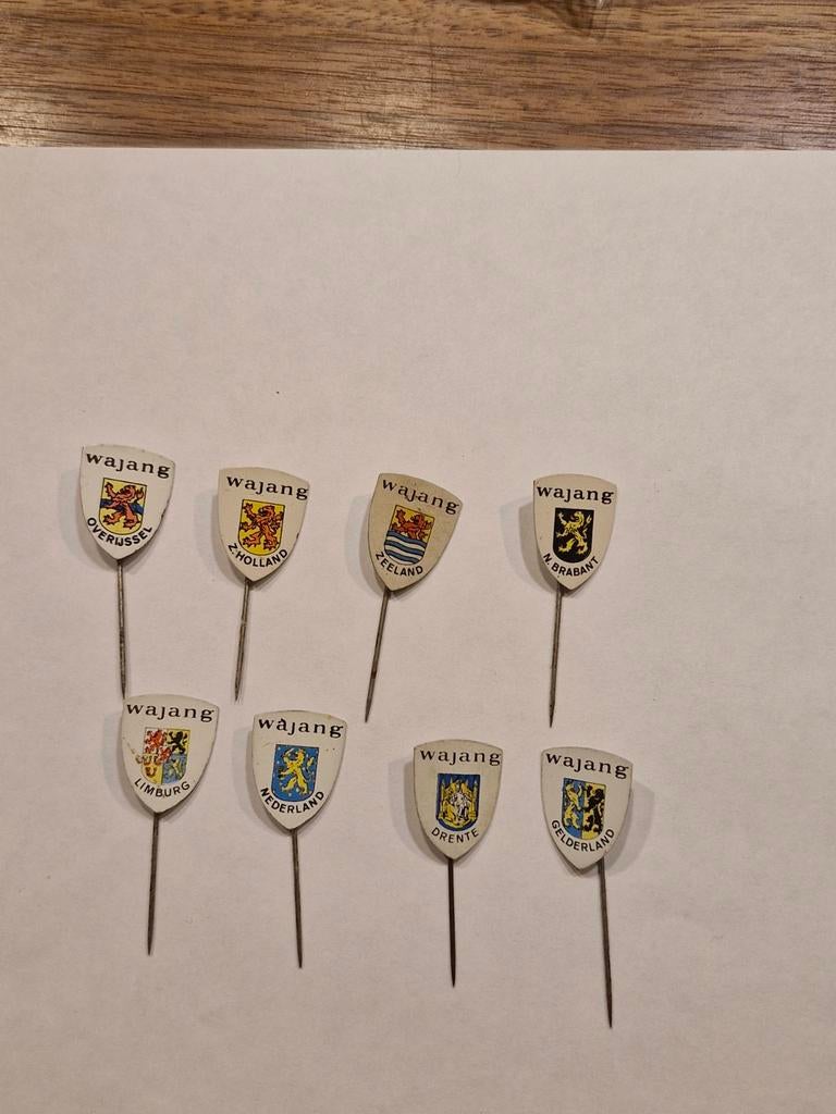 001 Wajang Provincie Speldjes - Set van 8, Verzamelen, Speldjes, Pins en Buttons, Ophalen of Verzenden, Gebruikt, Stad of Land