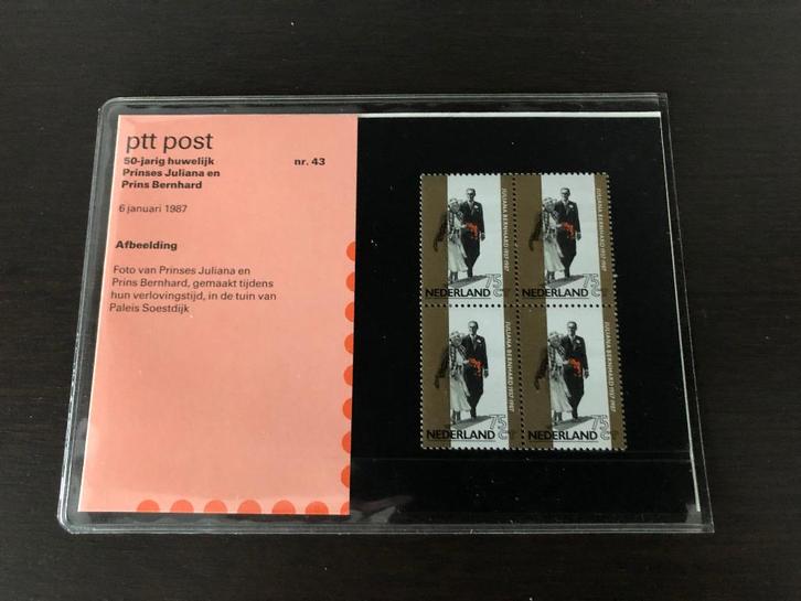 Postzegel mapje 43 PTT post 1987, 50-jarig huwelijk Juliana, Postzegels en Munten, Postzegels | Nederland, Postfris, Verzenden