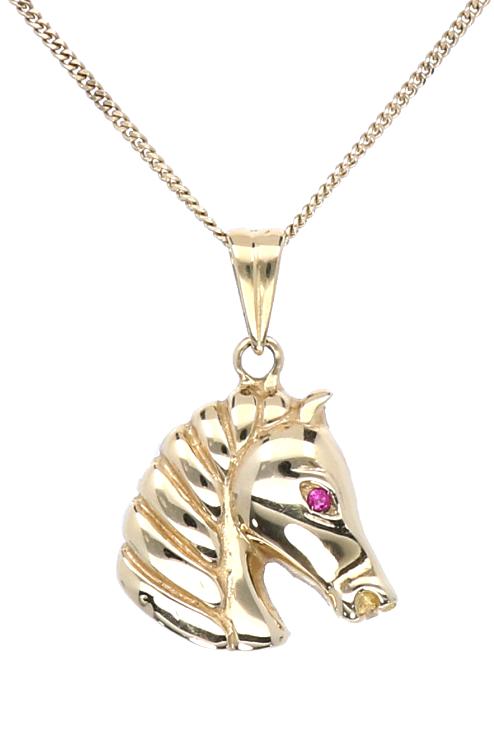 Gouden Paardenhoofd Hanger met Robijn 14 Krt, Sieraden, Tassen en Uiterlijk, Kettinghangers, Ophalen of Verzenden, Zo goed als nieuw