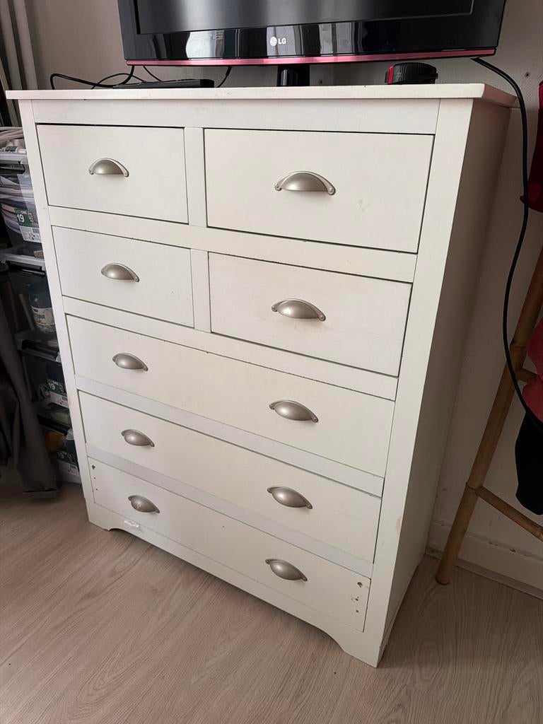 Witte ladekast met 7 lades, Huis en Inrichting, Kasten | Ladekasten, Ophalen, Gebruikt, 5 laden of meer, 100 tot 150 cm