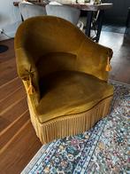 Vintage Okergele Velvet Boudoir Fauteuil met Franjes, Ophalen, Gebruikt, Stof, 75 tot 100 cm