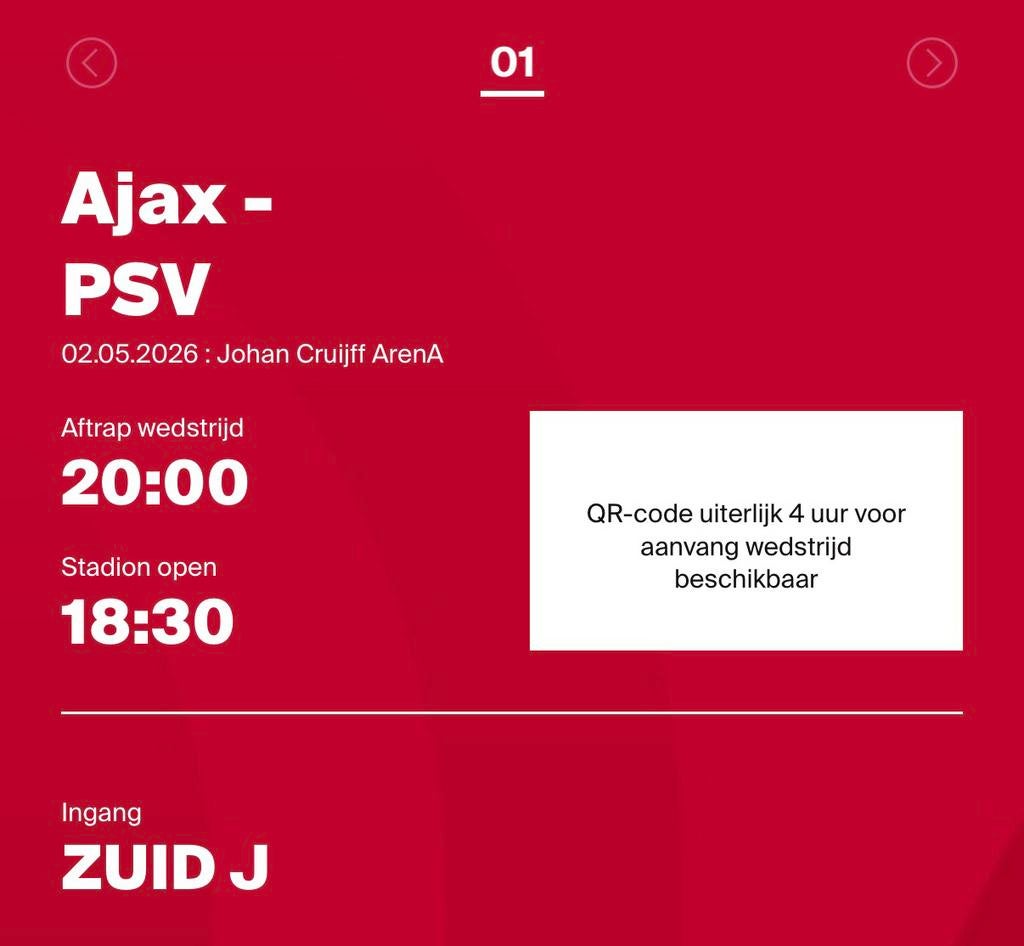 Ajax - PSV 1 kaart vak 430, Tickets en Kaartjes, Eén persoon, Februari