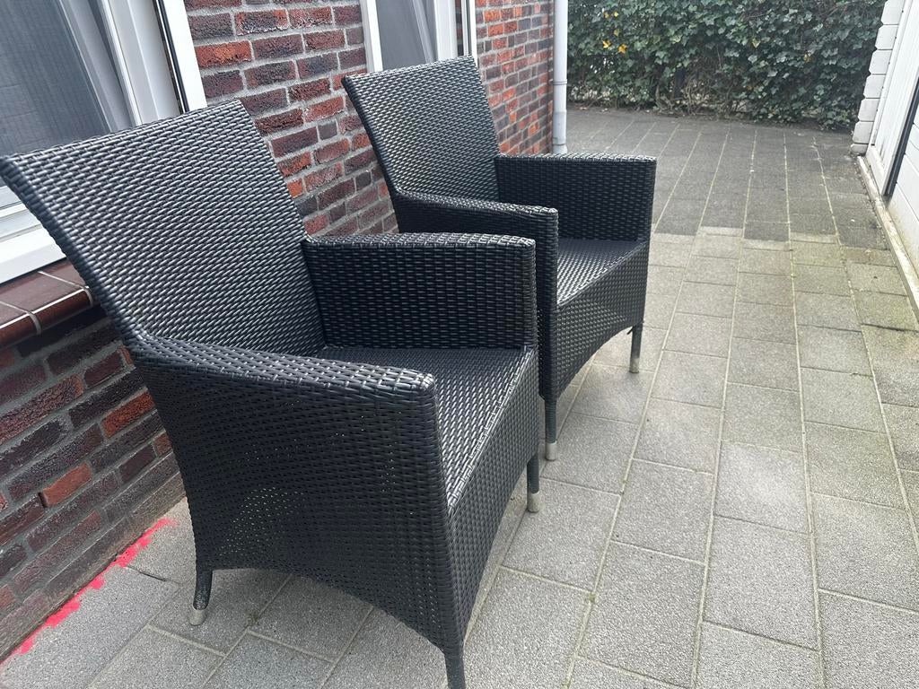 2x Antraciet Wicker Tuinstoelen met Armleuningen, Ophalen, Gebruikt, Wicker