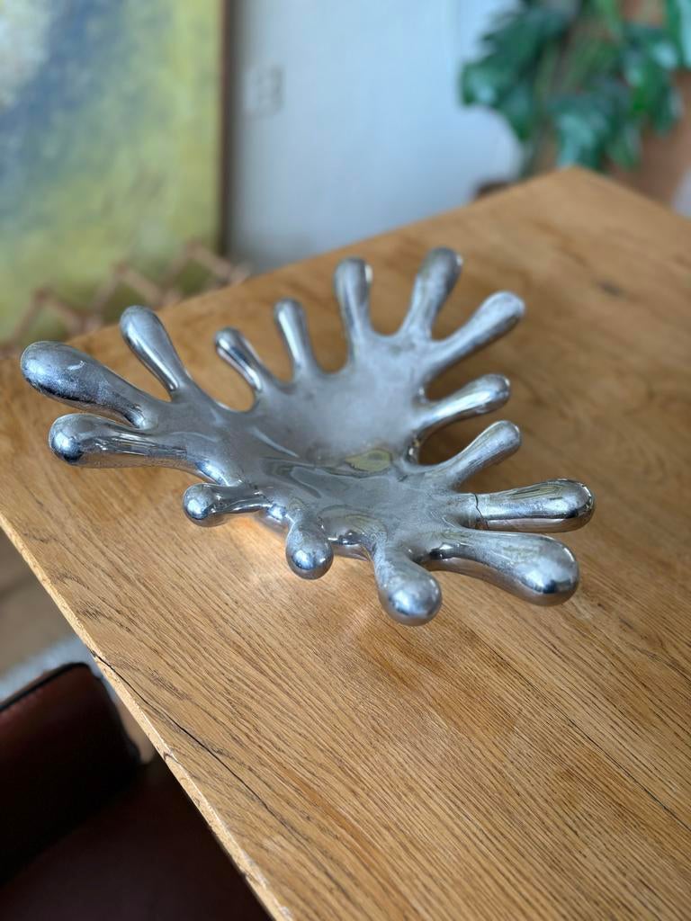 Unieke zilverkleurige fruitschaal in spettervorm, Ophalen, Overige materialen, Schaal, Zo goed als nieuw