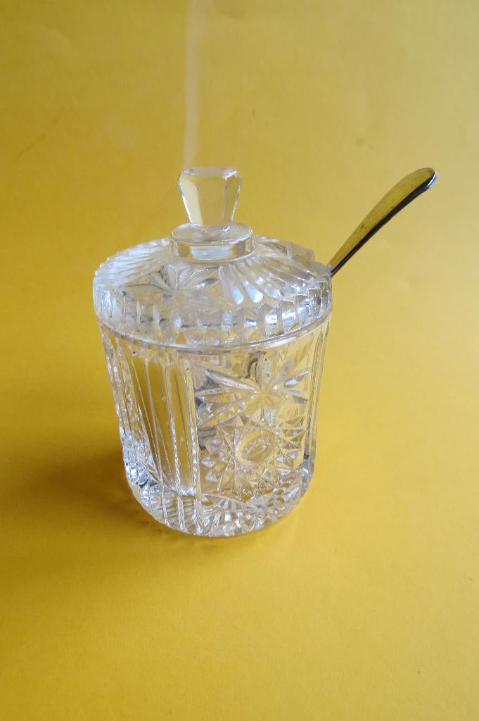 Antiek Engels geslepen glazen jam potje met lepel c.1900, Antiek en Kunst, Ophalen of Verzenden