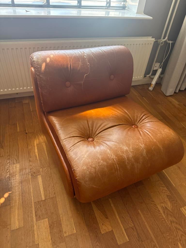 Vintage Leren Fauteuil - Cognac Kleur, Ophalen of Verzenden, Gebruikt, Leer, 75 tot 100 cm