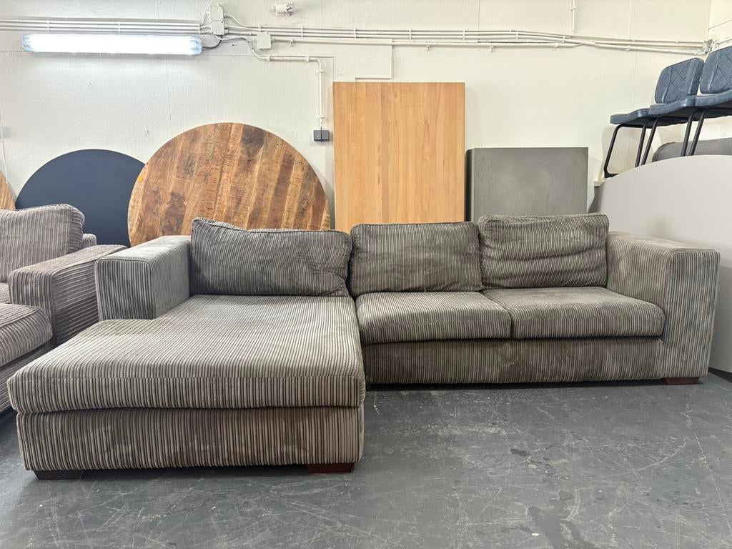 Bruine Ribstof Hoekbank - Gereinigd, Ophalen of Verzenden, Zo goed als nieuw, 150 cm of meer, Vierpersoons of meer