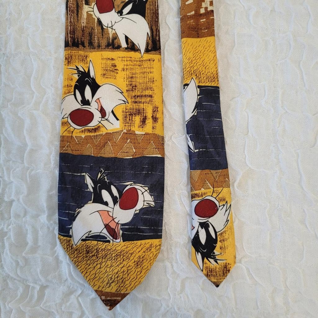 Looney Tunes stropdas 1997 Warner Bros. Silvester, Geel, Ophalen of Verzenden, Zo goed als nieuw, Met patroon