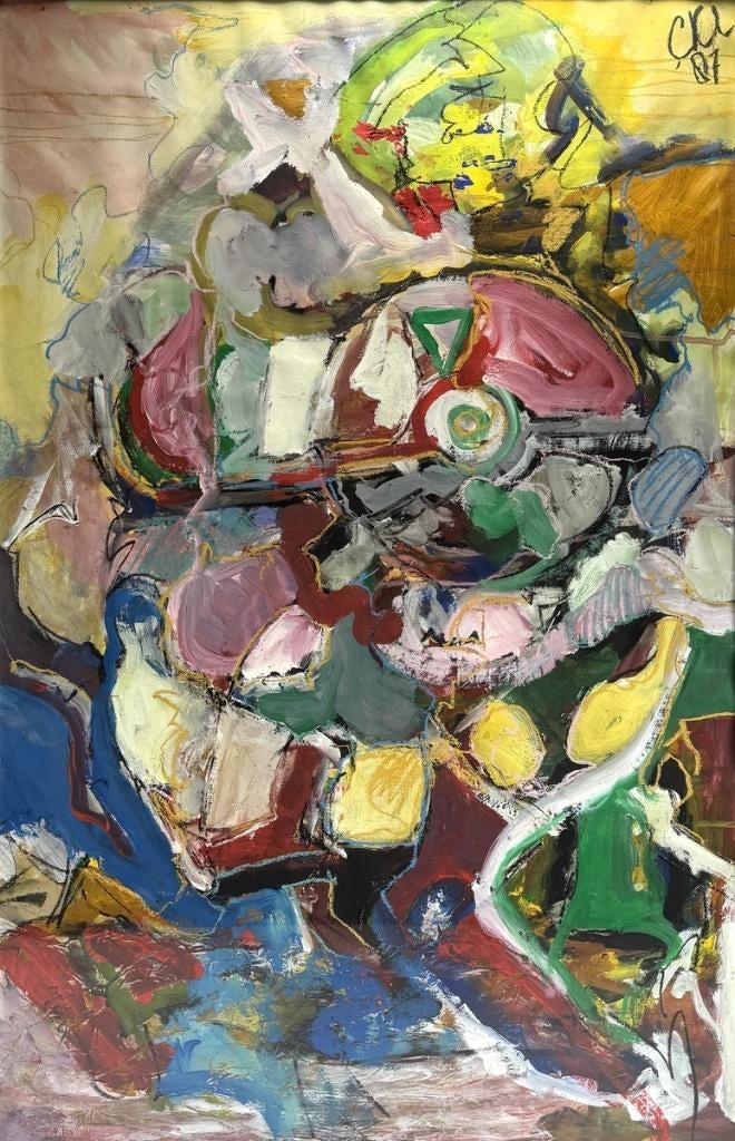 1192. Gemengde techniek - abstracte compositie, 1987, Ophalen of Verzenden