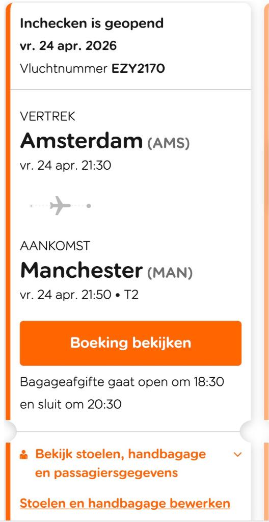 EasyJet Amsterdam-Manchester 24 april 21:30, Eén persoon, Vliegtuig, Buitenland, Met bestemming of datum