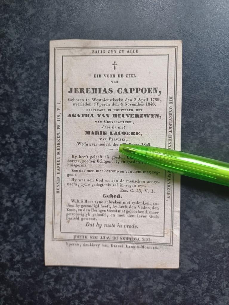 Bidprentje Westnieuwkerke Yperen Jeremias Cappoen 1769 1848, Ophalen, Bidprentje