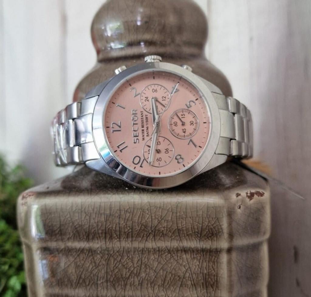 Sector horloge met roze wijzerplaat en stalen band, Ophalen of Verzenden, Zo goed als nieuw, Staal, Overige merken