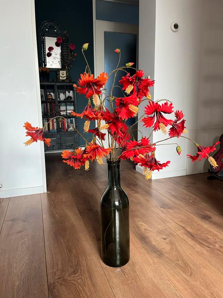 Zijden Chinese Roos - Rood Oranje (6 takken), Huis en Inrichting, Woonaccessoires | Kunstplanten en Kunstbloemen, Zo goed als nieuw