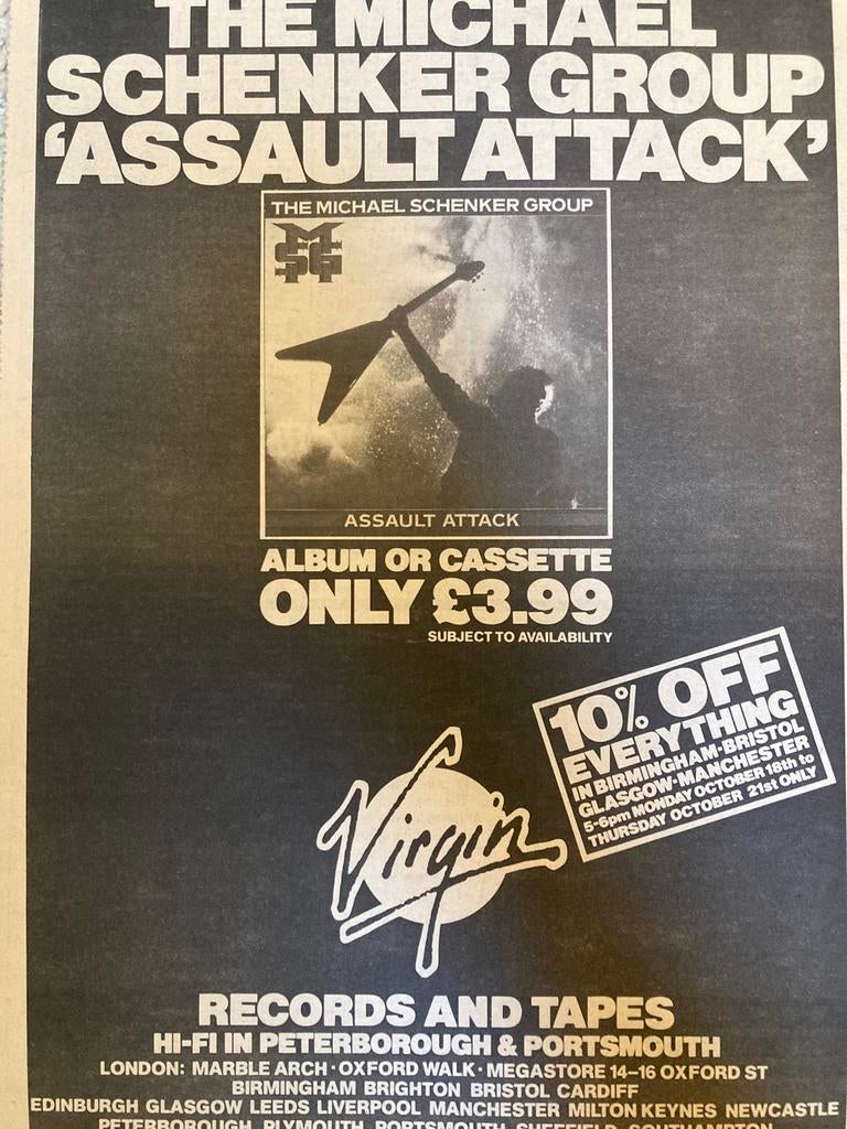 MICHAEL SCHENKER GROUP MSG Assault Attack A3 advertentie, Cd's en Dvd's, Ophalen of Verzenden, Zo goed als nieuw
