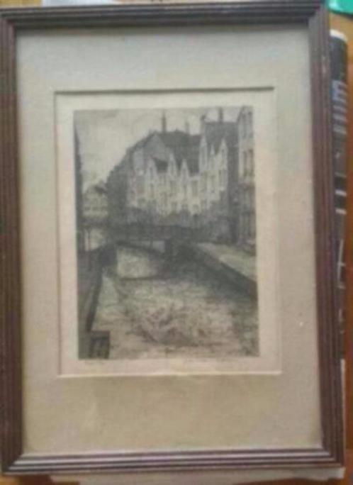 Bijzondere ets/tek 't spuiwater in Rotterdam gesigneerd, Antiek en Kunst, Kunst | Etsen en Gravures, Ophalen