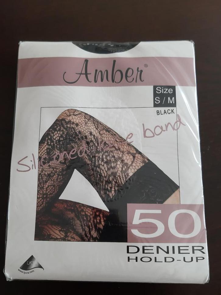 Amber zwarte hold ups met apart dessin sm, Kleding | Dames, Leggings, Maillots en Panty's, Nieuw, Panty, Zwart, Ophalen of Verzenden