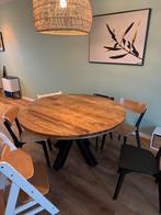 Stevige ronde mangohouten eettafel met ijzeren poten, Ophalen, Gebruikt, Rond, Vijf personen of meer