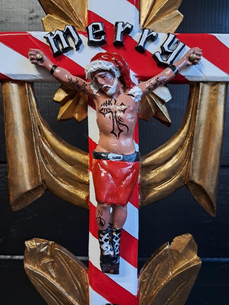 Kerst kruis jezus silly art uniek object, Verzamelen, Beelden en Beeldjes, Ophalen of Verzenden