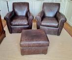 2 lederen fauteuils en hocker, Restoration Hardware, Ophalen, Zo goed als nieuw, 75 tot 100 cm, Leer