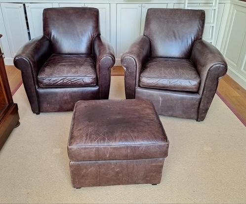 2 lederen fauteuils en hocker, Restoration Hardware, Huis en Inrichting, Fauteuils, Zo goed als nieuw, Leer, 75 tot 100 cm, 75 tot 100 cm