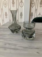 Vintage mid century set grijze vaasjes rookglas, Overige kleuren, Ophalen of Verzenden, Minder dan 50 cm, Glas