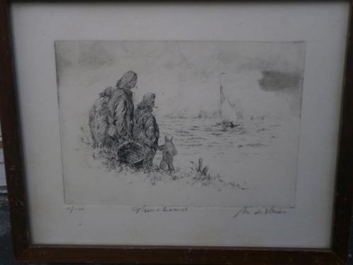 Mooie Ets Thuiskomst van de Vissers, Antiek en Kunst, Kunst | Etsen en Gravures, Ophalen of Verzenden