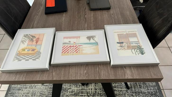 3 Ingelijste Borduurwerkjes Strandthema, Antiek en Kunst, Kunst | Tekeningen en Foto's, Ophalen