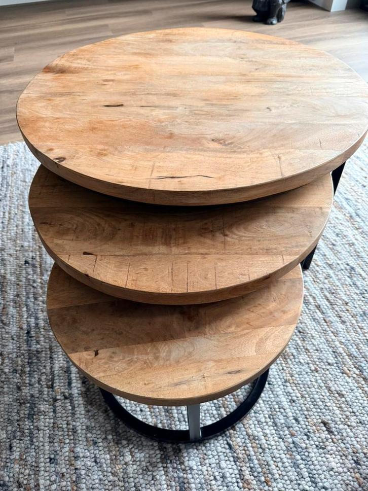 Salontafelset van mangohout., Huis en Inrichting, Tafels | Salontafels, Gebruikt, Minder dan 50 cm, 50 tot 100 cm, Rond, Ophalen