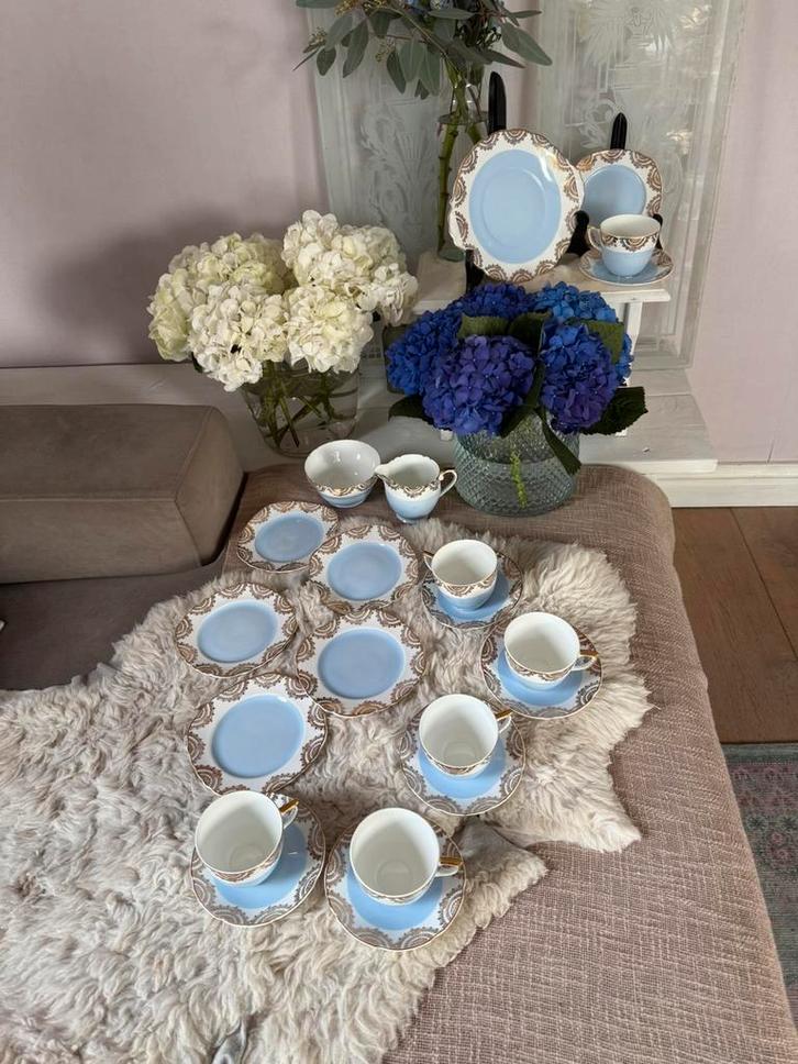 Stanley baby blauw porseleinen 6 pers thee koffie taart set, Antiek en Kunst, Antiek | Servies compleet, Ophalen of Verzenden